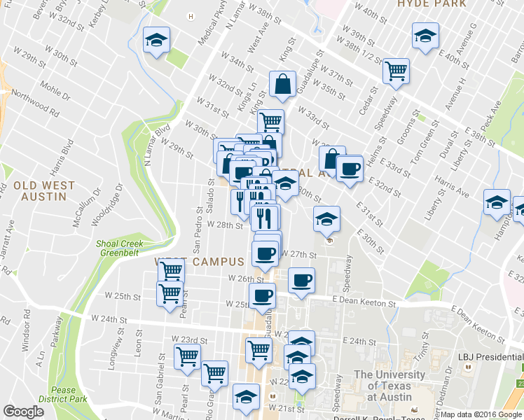 map of restaurants, bars, coffee shops, grocery stores, and more near 2801 Guadalupe Street in Austin