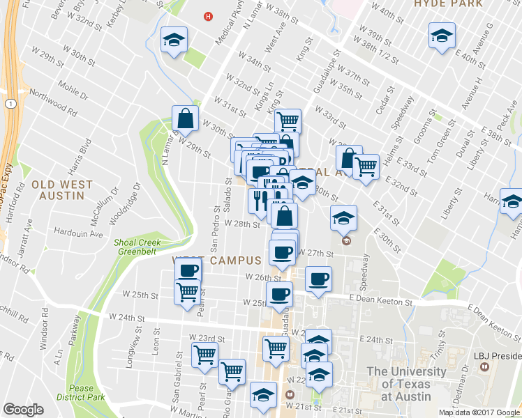 map of restaurants, bars, coffee shops, grocery stores, and more near 2806 Nueces Street in Austin