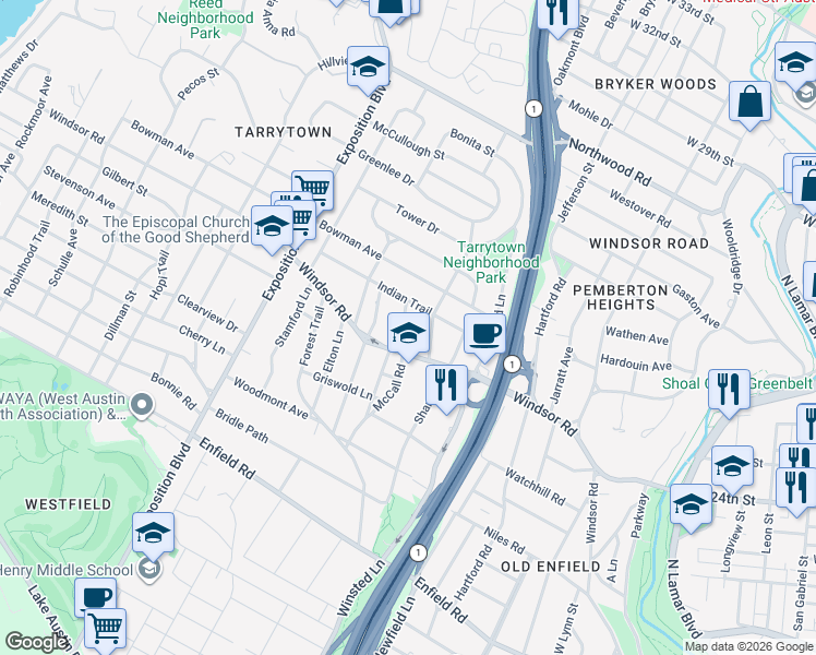 map of restaurants, bars, coffee shops, grocery stores, and more near in Austin