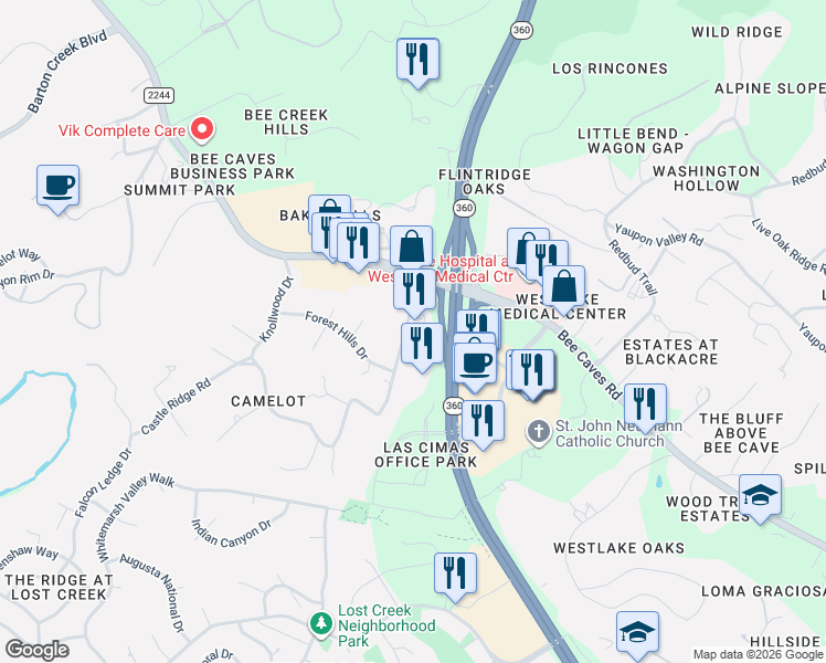 map of restaurants, bars, coffee shops, grocery stores, and more near 705 Castle Ridge Road in Austin