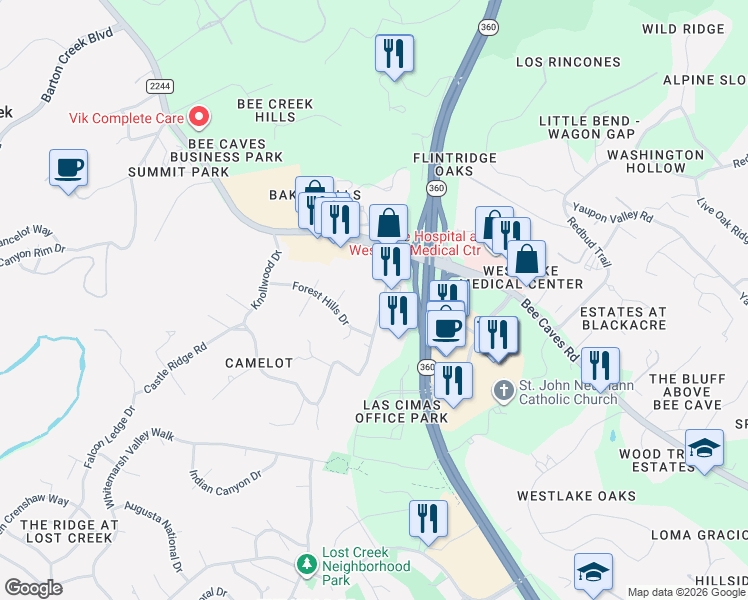 map of restaurants, bars, coffee shops, grocery stores, and more near 705 Castle Ridge Road in Austin