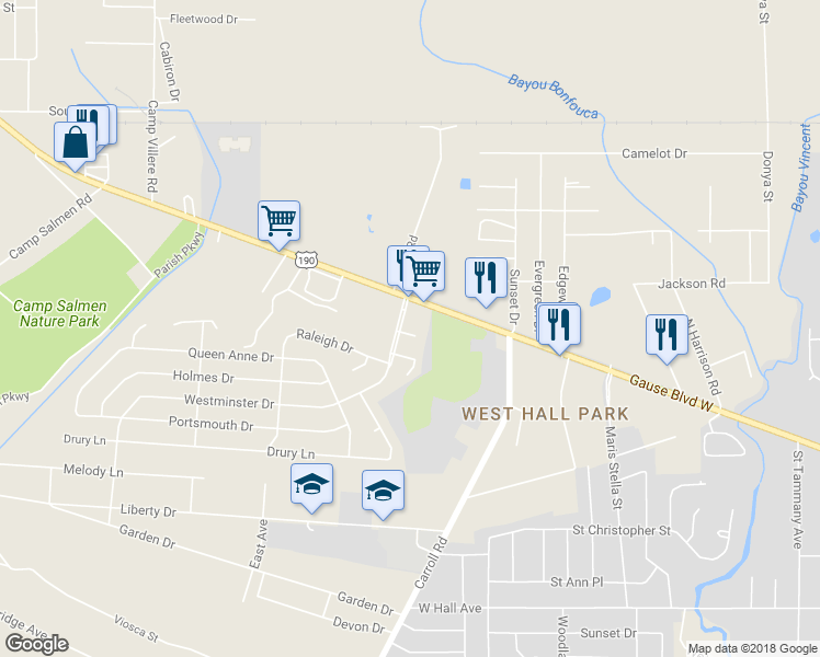 map of restaurants, bars, coffee shops, grocery stores, and more near 802 Huntwyck Circle in Slidell