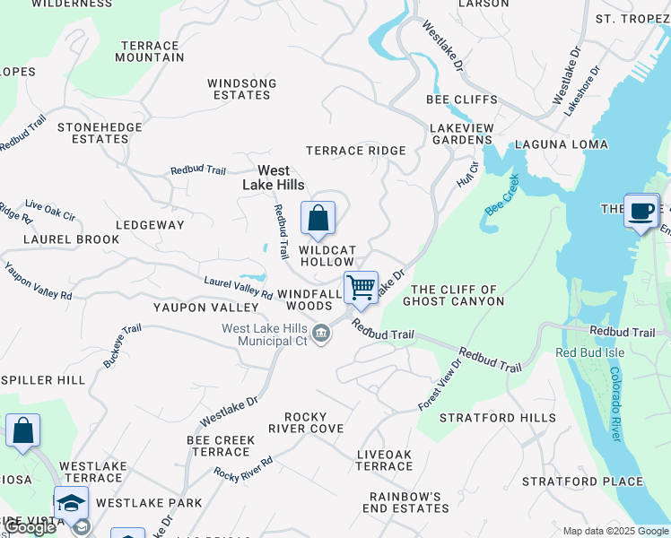 map of restaurants, bars, coffee shops, grocery stores, and more near 107 Redbud Trail in West Lake Hills
