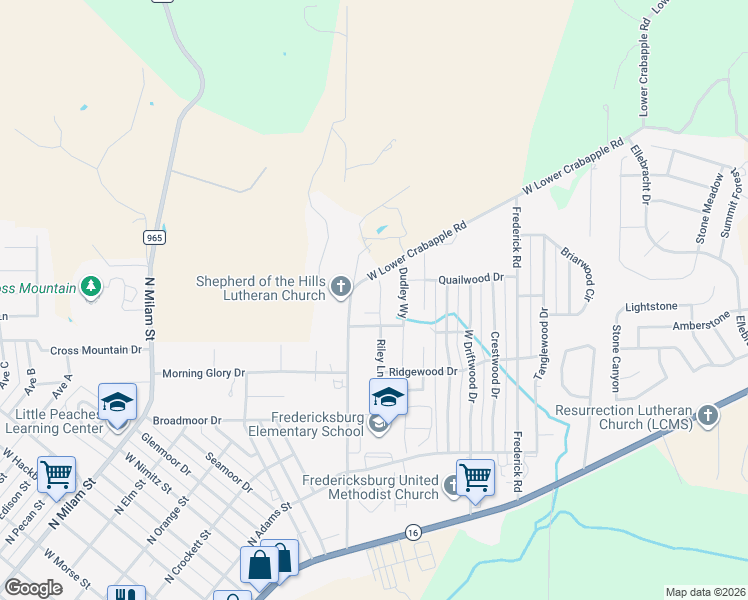 map of restaurants, bars, coffee shops, grocery stores, and more near 1608 Redwood Court in Fredericksburg
