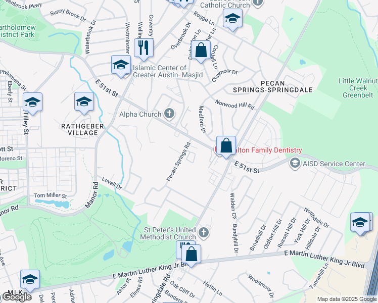 map of restaurants, bars, coffee shops, grocery stores, and more near 5001 Pecan Springs Road in Austin