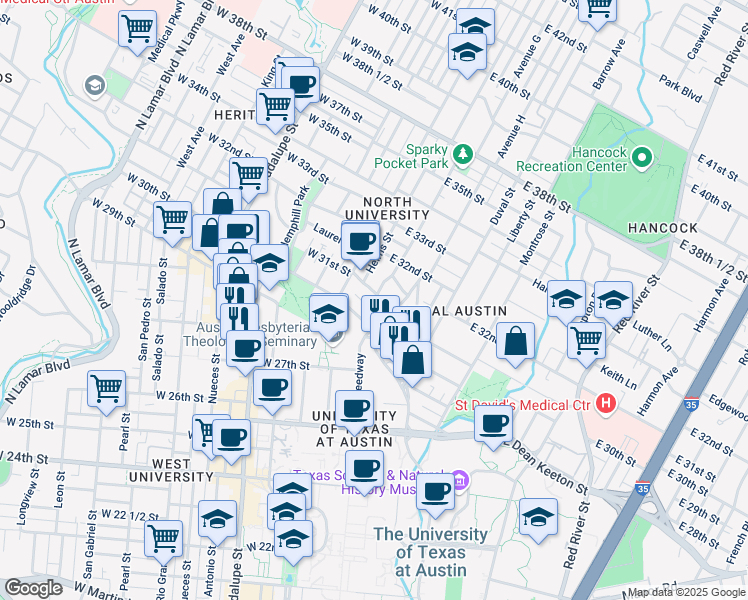 map of restaurants, bars, coffee shops, grocery stores, and more near 203 East 31st Street in Austin