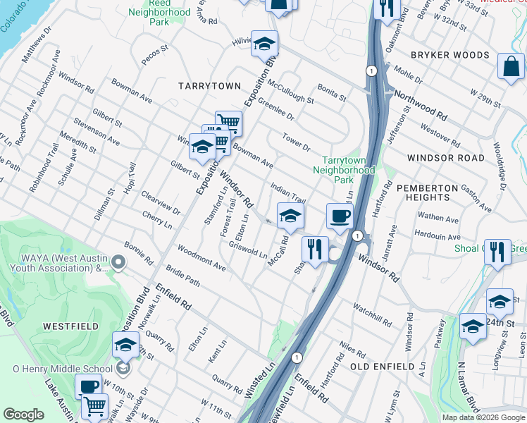 map of restaurants, bars, coffee shops, grocery stores, and more near 2400 Vista Lane in Austin