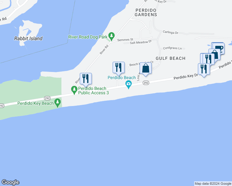 map of restaurants, bars, coffee shops, grocery stores, and more near 14587 Perdido Key Drive in Pensacola