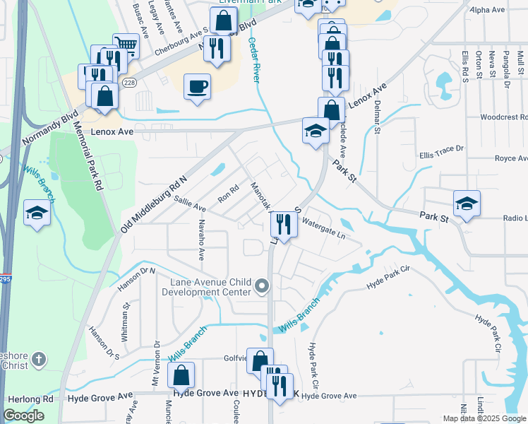 map of restaurants, bars, coffee shops, grocery stores, and more near 1418 Manotak Point Drive in Jacksonville