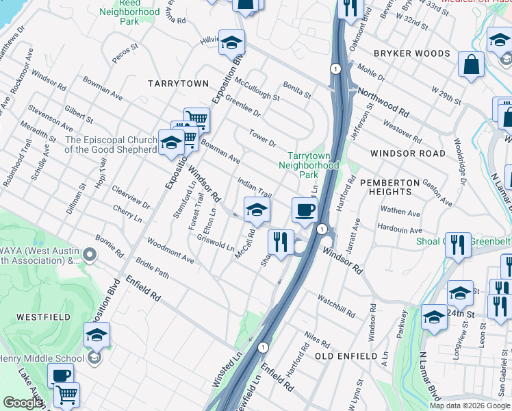 map of restaurants, bars, coffee shops, grocery stores, and more near in Austin