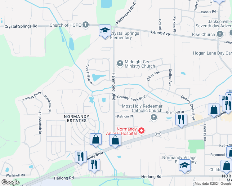 map of restaurants, bars, coffee shops, grocery stores, and more near 1526 Hammondwood Road North in Jacksonville