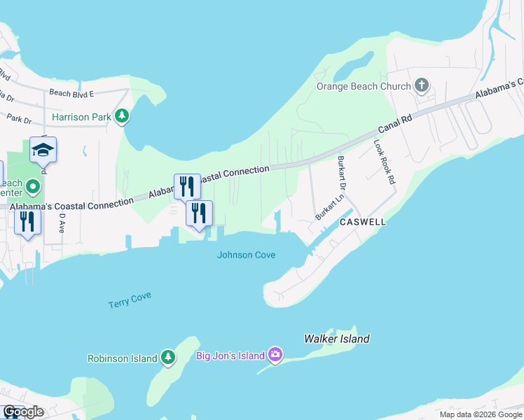 map of restaurants, bars, coffee shops, grocery stores, and more near 4799 White Avenue in Orange Beach