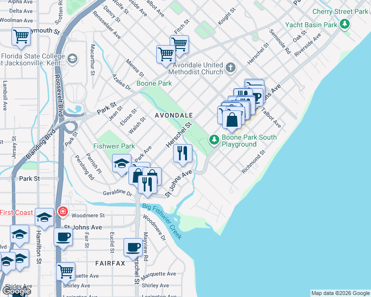 map of restaurants, bars, coffee shops, grocery stores, and more near 3820 Oak Street in Jacksonville