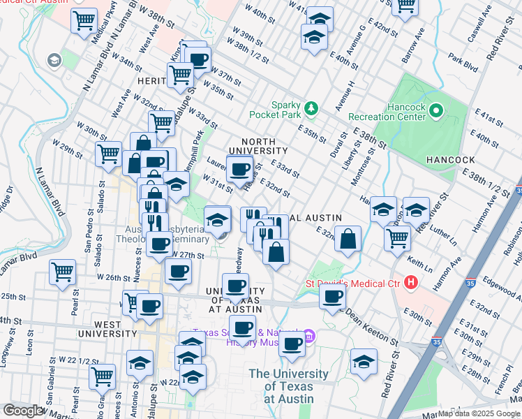 map of restaurants, bars, coffee shops, grocery stores, and more near 3006 Speedway in Austin