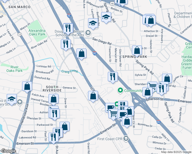 map of restaurants, bars, coffee shops, grocery stores, and more near 2906 Rockmont Street in Jacksonville