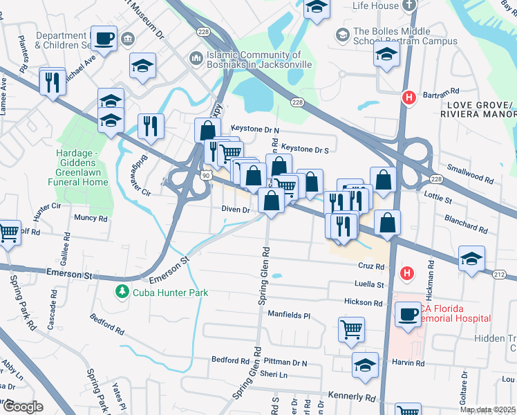 map of restaurants, bars, coffee shops, grocery stores, and more near 5325 Emerson Street in Jacksonville
