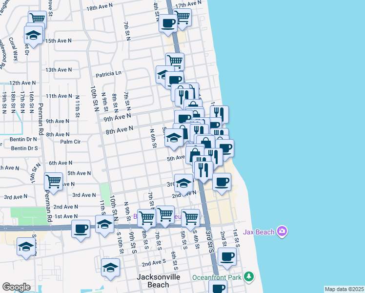 map of restaurants, bars, coffee shops, grocery stores, and more near 614 4th Street North in Jacksonville Beach