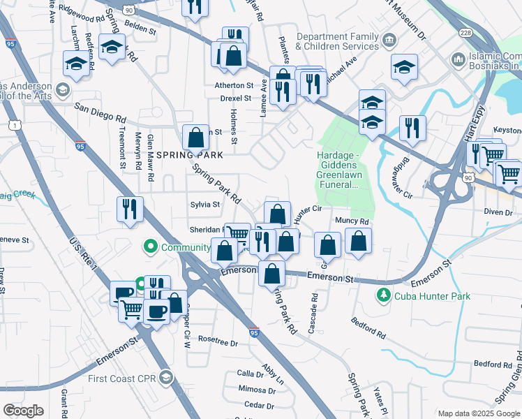 map of restaurants, bars, coffee shops, grocery stores, and more near in Jacksonville