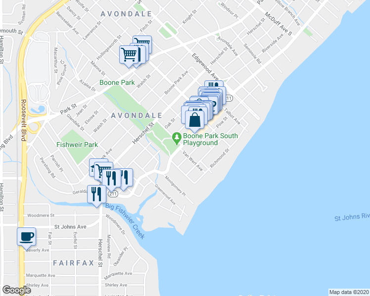 map of restaurants, bars, coffee shops, grocery stores, and more near in Jacksonville