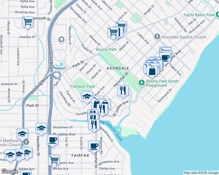 map of restaurants, bars, coffee shops, grocery stores, and more near 3862 Herschel Street in Jacksonville