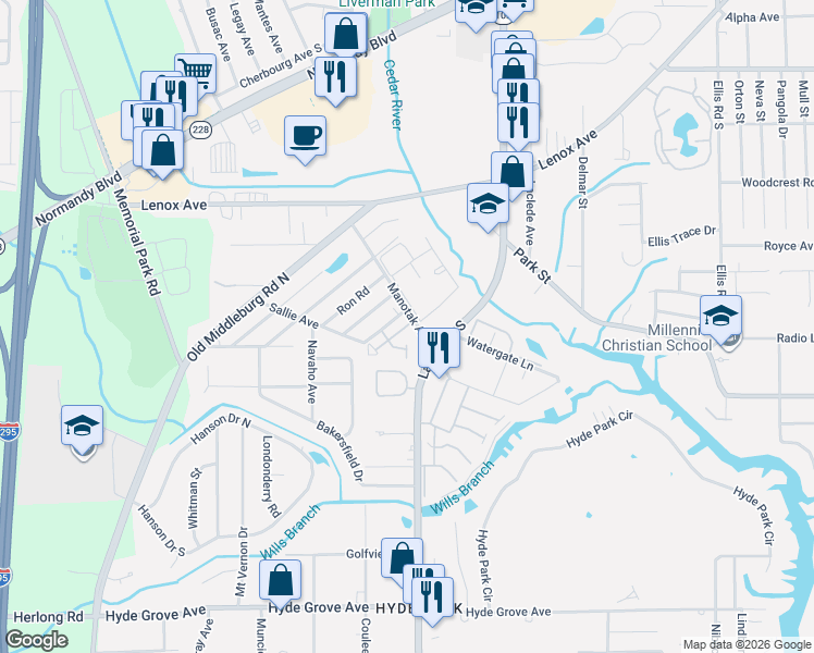 map of restaurants, bars, coffee shops, grocery stores, and more near 1442 Manotak Point Drive in Jacksonville