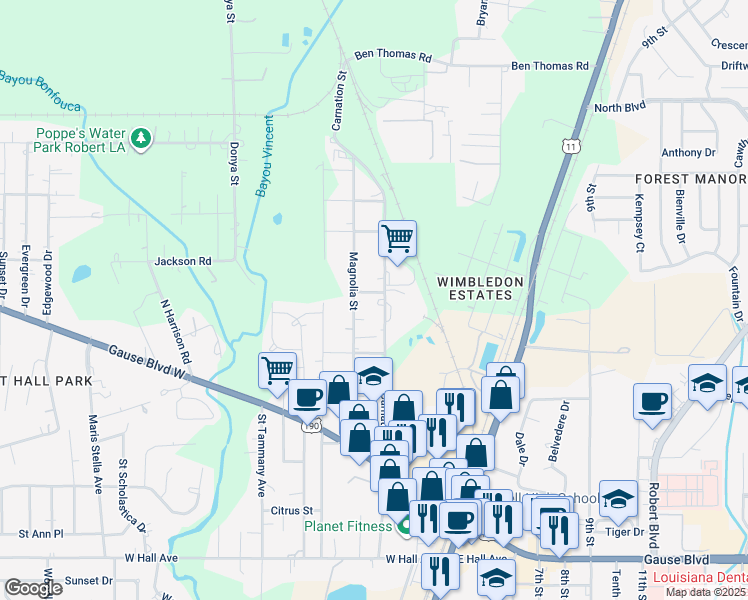 map of restaurants, bars, coffee shops, grocery stores, and more near 657 Carnation Street in Slidell