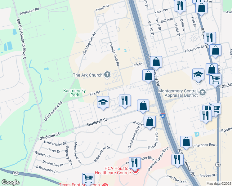 map of restaurants, bars, coffee shops, grocery stores, and more near 808 Gladstell Street in Conroe