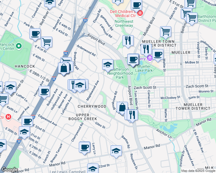 map of restaurants, bars, coffee shops, grocery stores, and more near 4003 Cherrywood Road in Austin