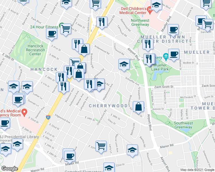 map of restaurants, bars, coffee shops, grocery stores, and more near 3909 Maplewood Avenue in Austin