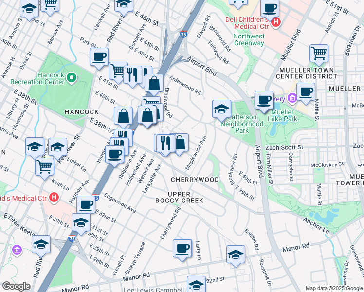 map of restaurants, bars, coffee shops, grocery stores, and more near 1502 Ashwood Road in Austin