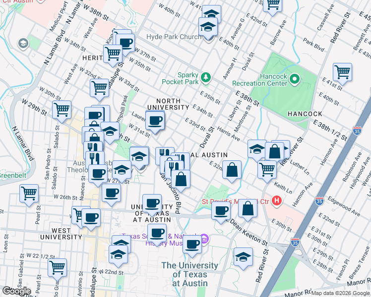 map of restaurants, bars, coffee shops, grocery stores, and more near 3111 Tom Green Street in Austin