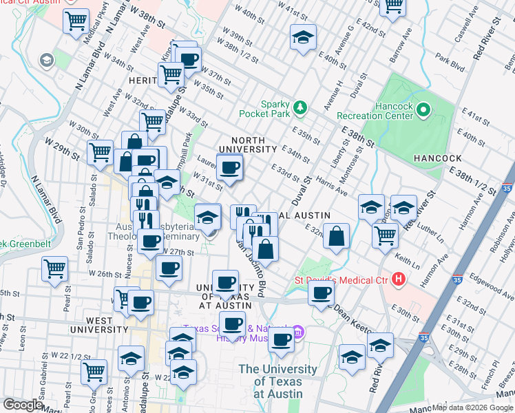map of restaurants, bars, coffee shops, grocery stores, and more near 3006 Speedway in Austin