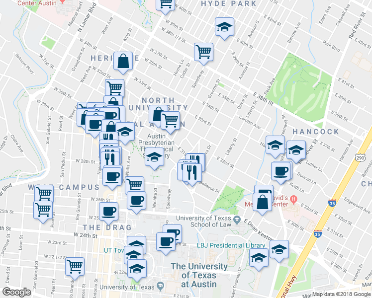 map of restaurants, bars, coffee shops, grocery stores, and more near 3006 Speedway in Austin