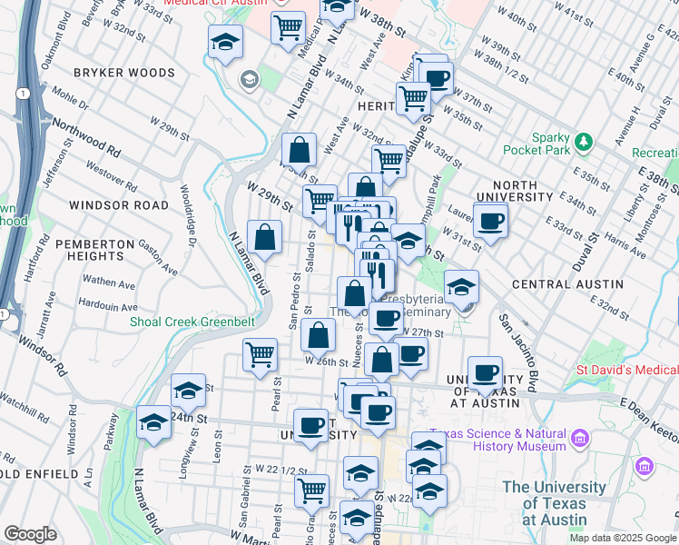 map of restaurants, bars, coffee shops, grocery stores, and more near 2806 Nueces Street in Austin