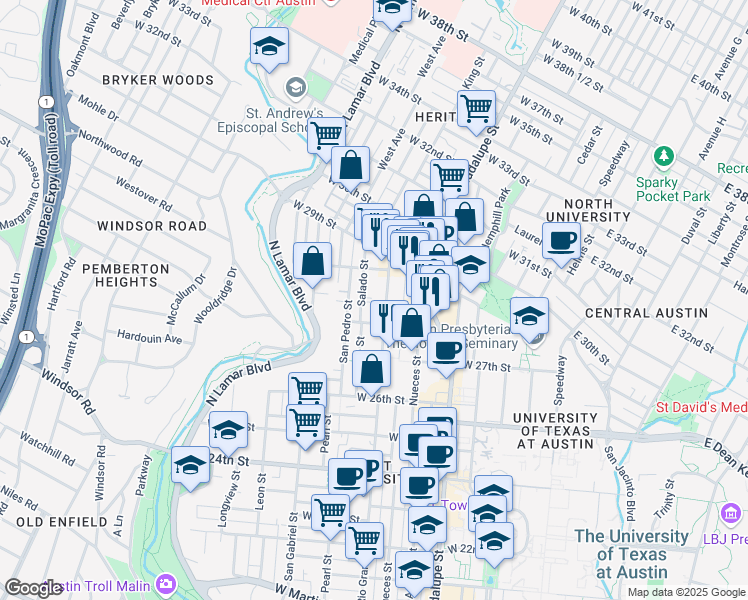 map of restaurants, bars, coffee shops, grocery stores, and more near 2804 Rio Grande Street in Austin