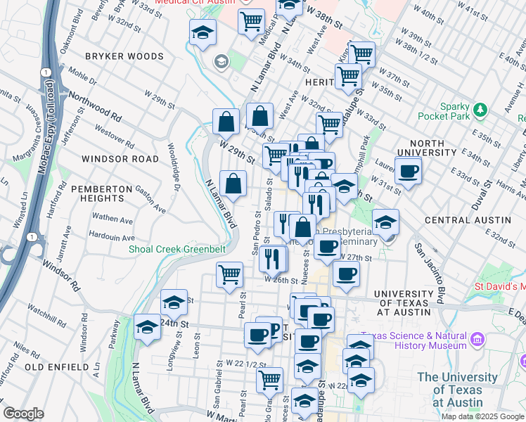 map of restaurants, bars, coffee shops, grocery stores, and more near 2806 San Pedro Street in Austin