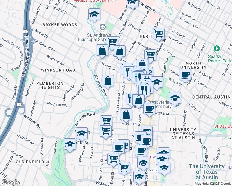 map of restaurants, bars, coffee shops, grocery stores, and more near 2806 San Pedro Street in Austin