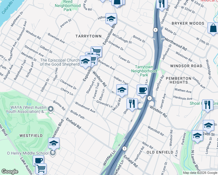 map of restaurants, bars, coffee shops, grocery stores, and more near 2400 Vista Lane in Austin
