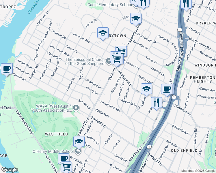 map of restaurants, bars, coffee shops, grocery stores, and more near 2700 Clearview Drive in Austin