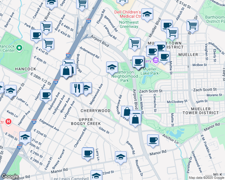 map of restaurants, bars, coffee shops, grocery stores, and more near 4003 Cherrywood Road in Austin