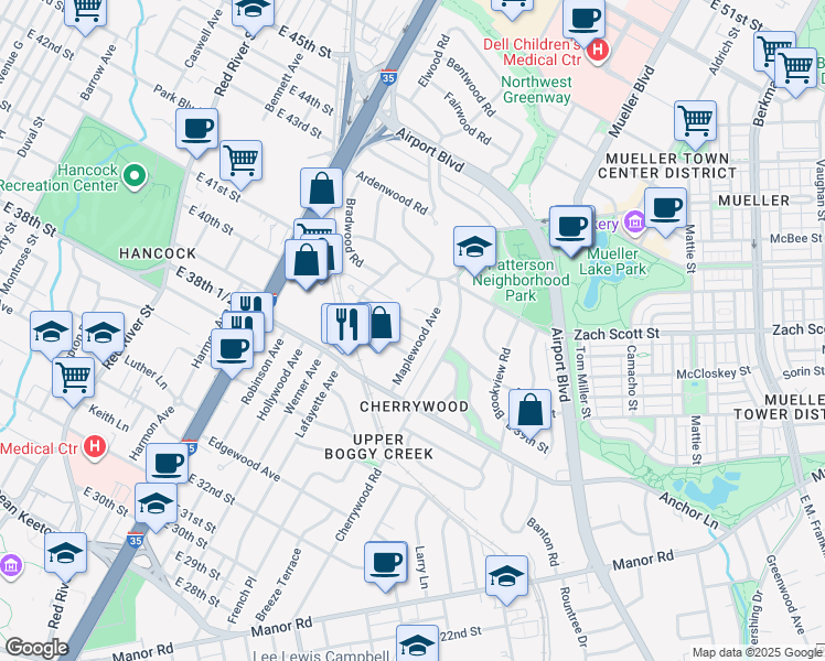 map of restaurants, bars, coffee shops, grocery stores, and more near 1509 Kirkwood Road in Austin