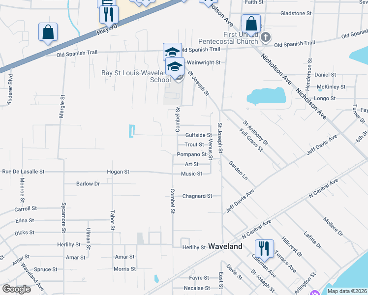 map of restaurants, bars, coffee shops, grocery stores, and more near 228 Pompano Street in Waveland