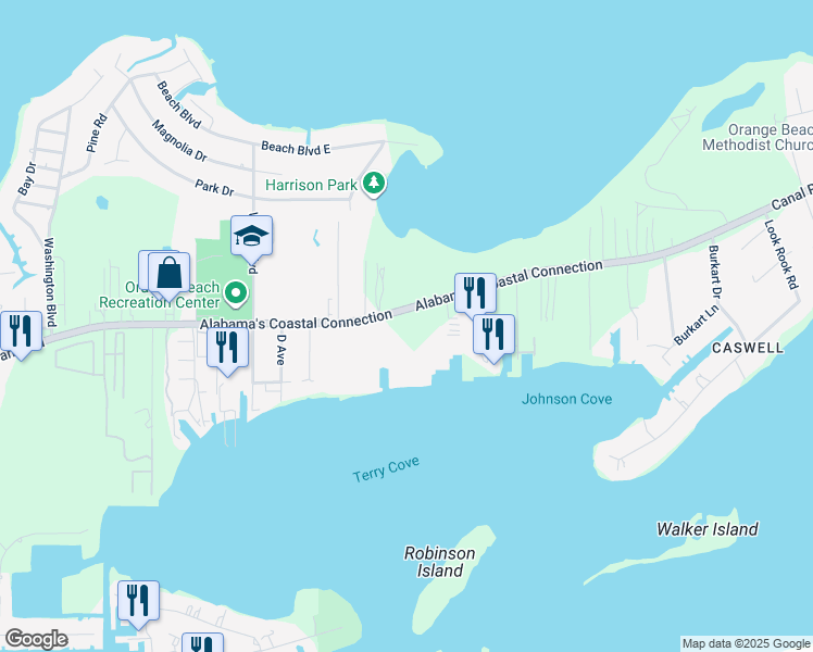 map of restaurants, bars, coffee shops, grocery stores, and more near Main Drive in Orange Beach