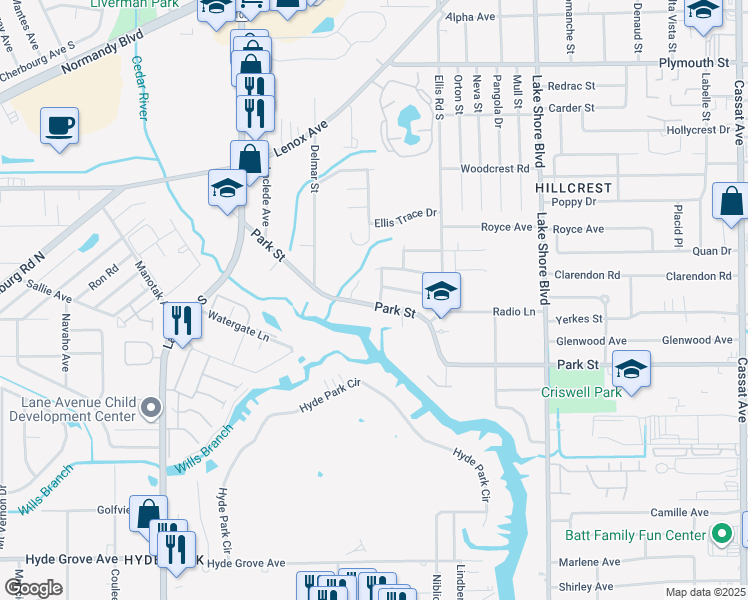 map of restaurants, bars, coffee shops, grocery stores, and more near 6054 Park Street in Jacksonville