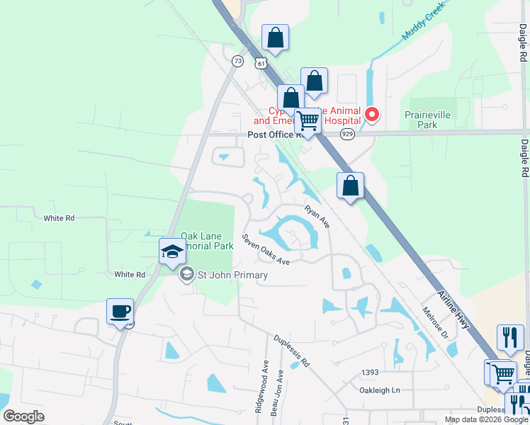 map of restaurants, bars, coffee shops, grocery stores, and more near 37588 Seven Oaks Avenue in Prairieville