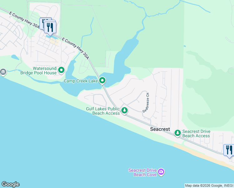 map of restaurants, bars, coffee shops, grocery stores, and more near 115 Seabreeze Court in Seacrest