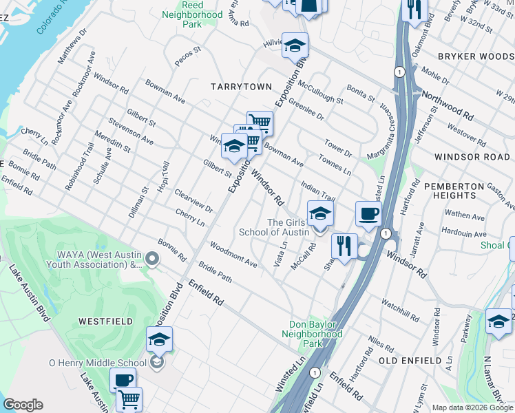 map of restaurants, bars, coffee shops, grocery stores, and more near 2104 Forest Trail in Austin