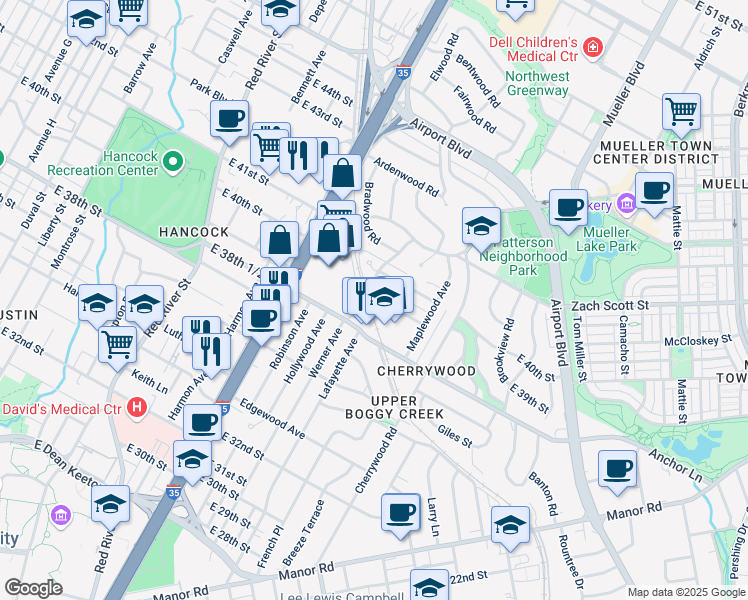 map of restaurants, bars, coffee shops, grocery stores, and more near 1403 Ashwood Road in Austin