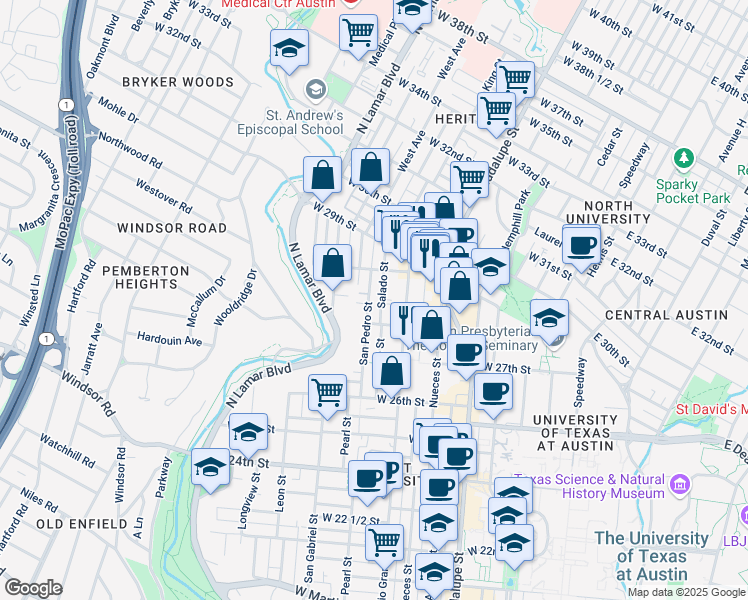 map of restaurants, bars, coffee shops, grocery stores, and more near 2810 Salado Street in Austin