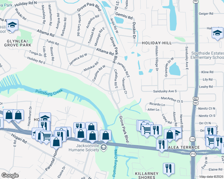 map of restaurants, bars, coffee shops, grocery stores, and more near 8040 Holiday Road South in Jacksonville